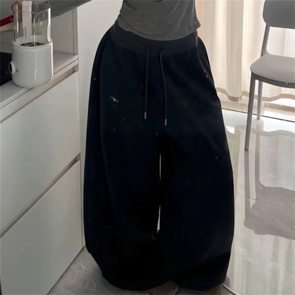 Oversize Woman Grey Black Sweatpants Y2K Korean Streetwear Loose Casual Jogger Pants High Waist All Match Drawstring Trousers