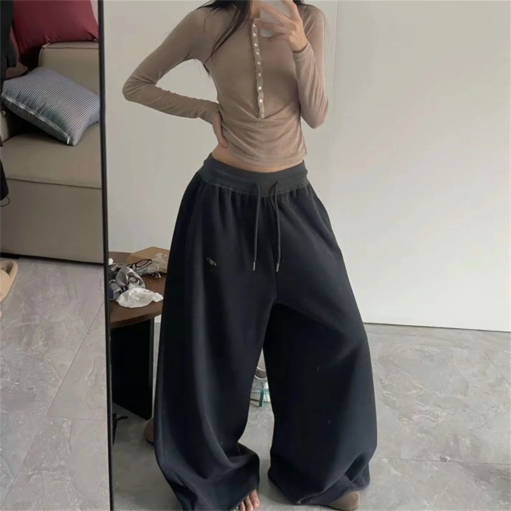 Oversize Woman Grey Black Sweatpants Y2K Korean Streetwear Loose Casual Jogger Pants High Waist All Match Drawstring Trousers