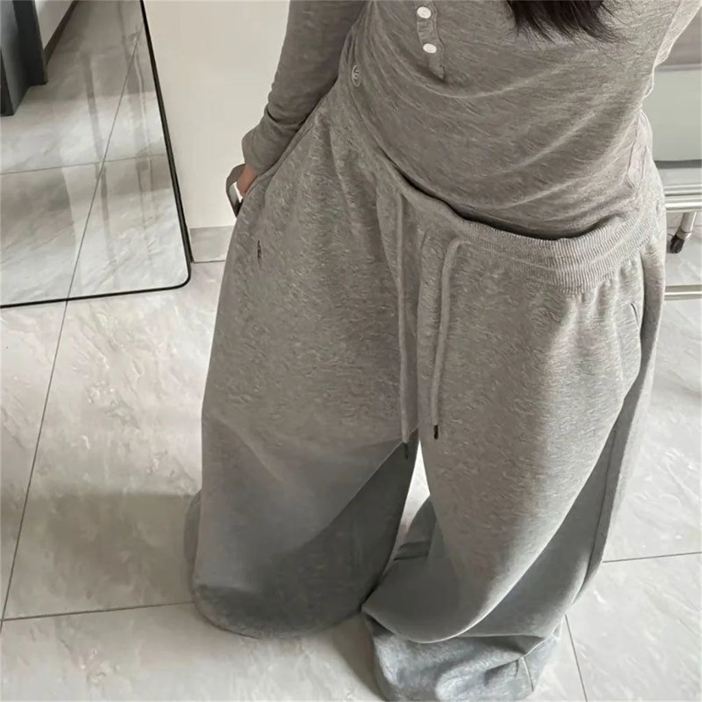 Oversize Woman Grey Black Sweatpants Y2K Korean Streetwear Loose Casual Jogger Pants High Waist All Match Drawstring Trousers