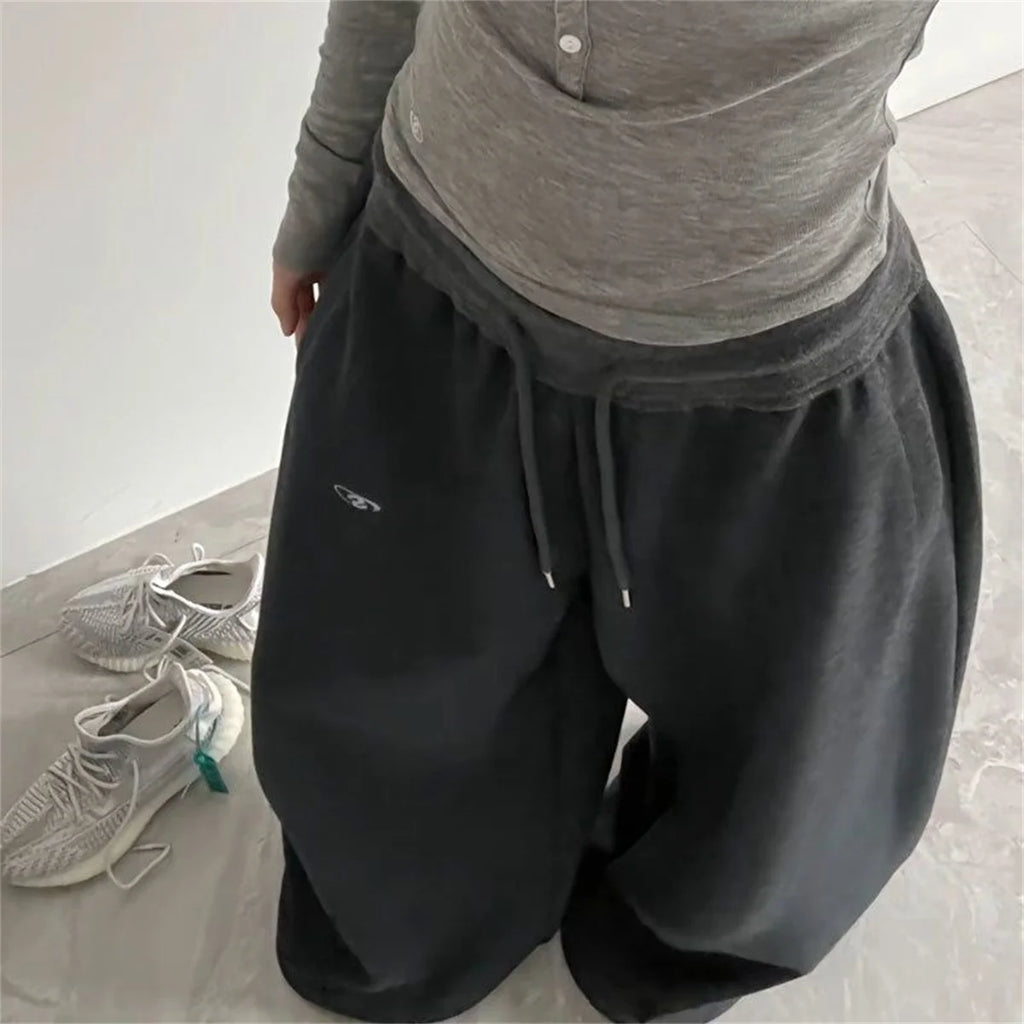 Oversize Woman Grey Black Sweatpants Y2K Korean Streetwear Loose Casual Jogger Pants High Waist All Match Drawstring Trousers