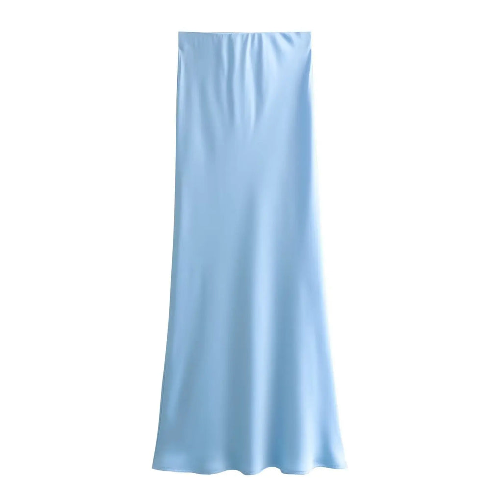 KONDALA Vintage Satin Solid Long Skirts Women High Waist Elastic Silky Skirts Fashion 2025 Spring Elegant Straight Skirts