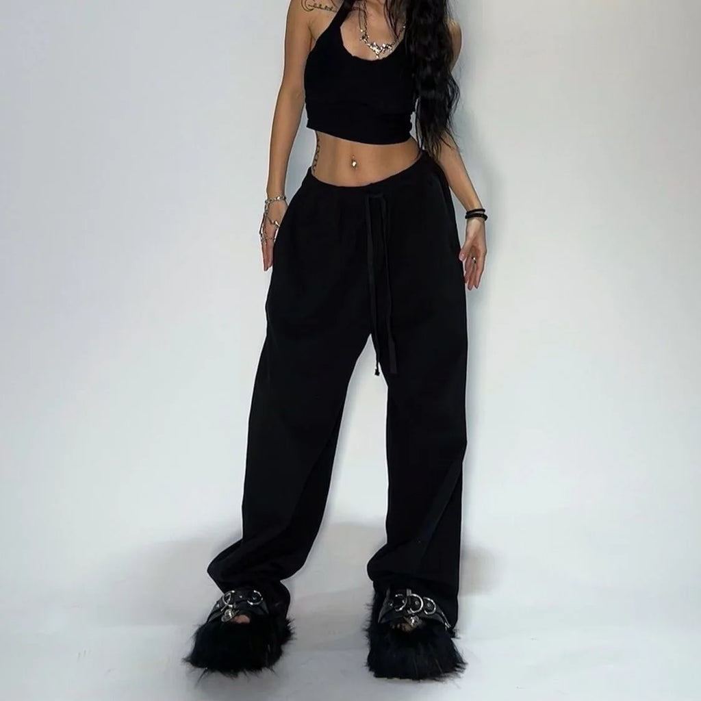 Oversize Woman Grey Black Sweatpants Y2K Korean Streetwear Loose Casual Jogger Pants High Waist All Match Drawstring Trousers