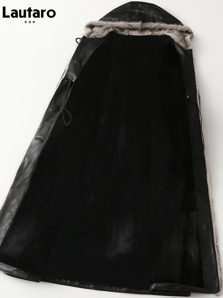 Lautaro Winter Long Warm Thick Black Leather Coat Women with Fur Inside Elegant Luxury Faux Fur Lined Jacket Parka Fashion 2021