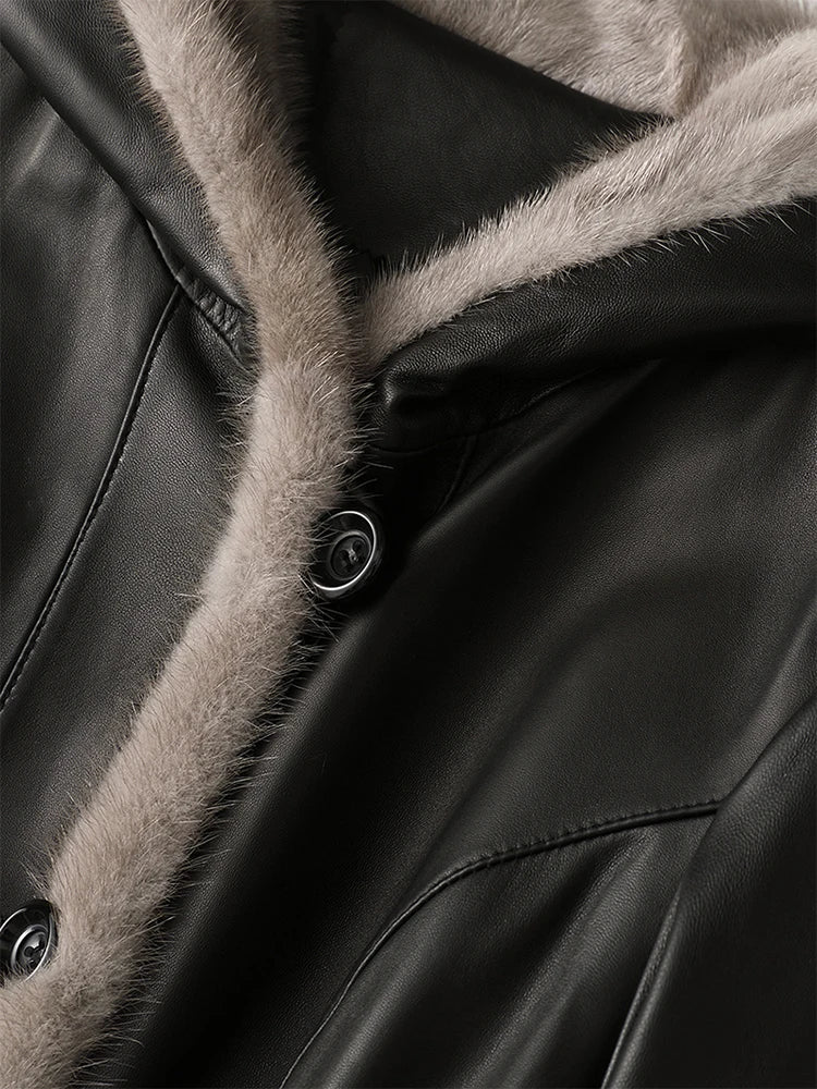 Lautaro Winter Long Warm Thick Black Leather Coat Women with Fur Inside Elegant Luxury Faux Fur Lined Jacket Parka Fashion 2021