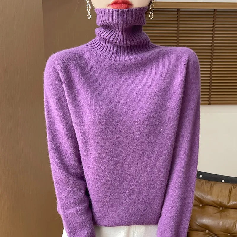 2025 New Autumn/Winter 100% Merino Wool Hoodie Solid Color Long Sleeve High Collar Warm Top Women's 19 Color Sweater WQ708