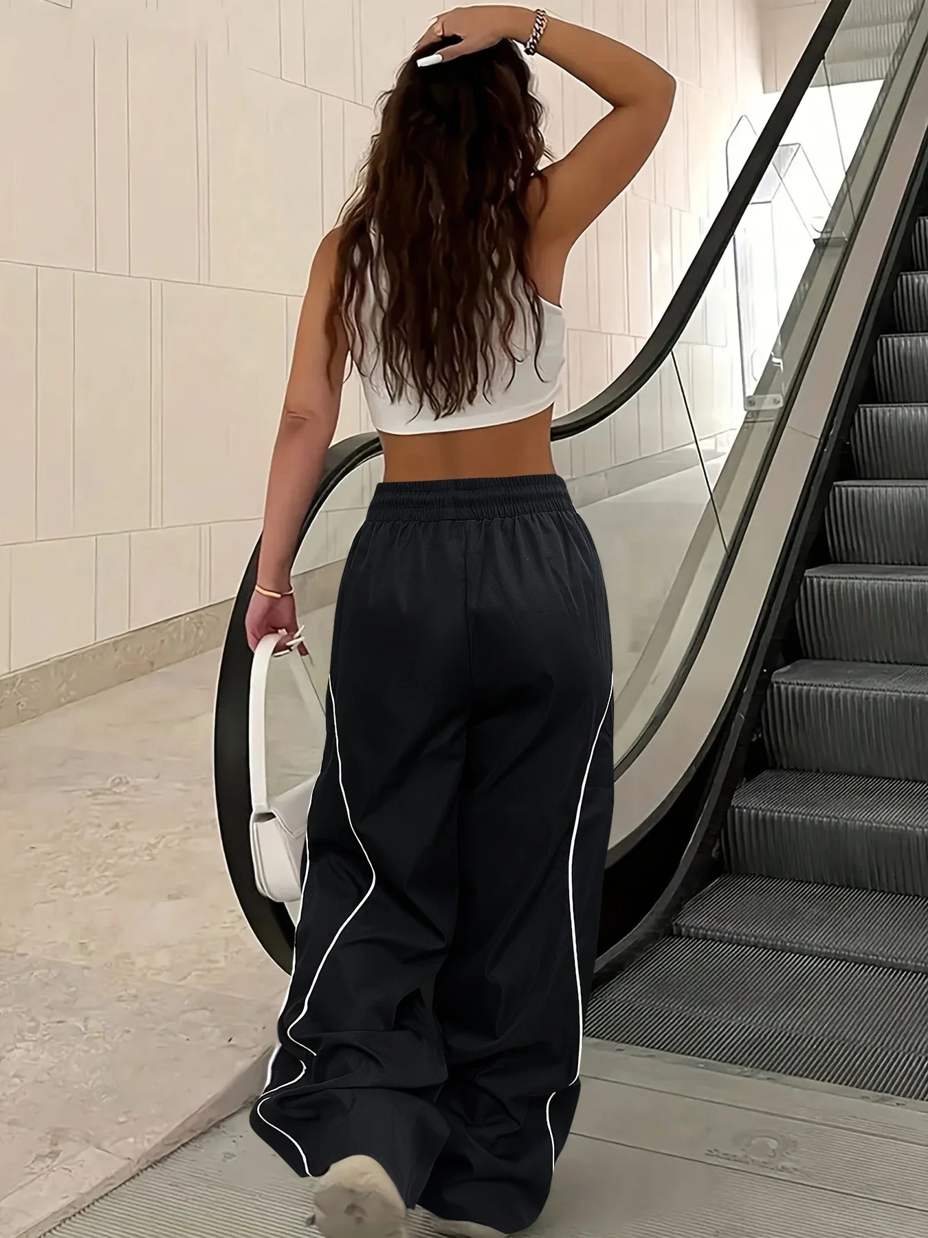 Y2K Casual Striped Contrasting Elastic Waist Workwear Parachute Pants Women's Mid-Rise Drawstring Wide Leg Loose Fit Cargo Pants