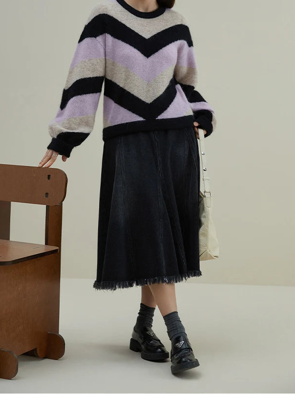 DUSHU Loose Soft Sticky Stripe Knit Shirt Pullovers Winter 2023 New Peruvian Alpaca Wool Inner Layer Knit Pullovers For Women