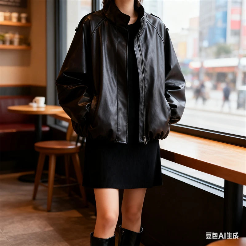 "Women's Black Faux Leather Bomber Jacket, Oversized Stand Collar PU Leather Coat, Edgy Casual Outerwear for Autumn/Winter