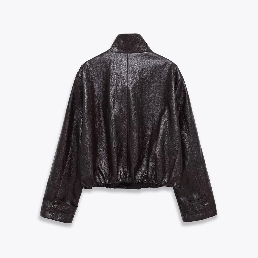 2025 Winter New Women's Casual Fashionable Simple Stand Collar Long Sleeve Leather Button Double-Breasted Loose Short Jacket