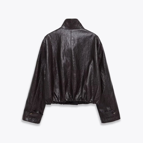 2025 Winter New Women's Casual Fashionable Simple Stand Collar Long Sleeve Leather Button Double-Breasted Loose Short Jacket