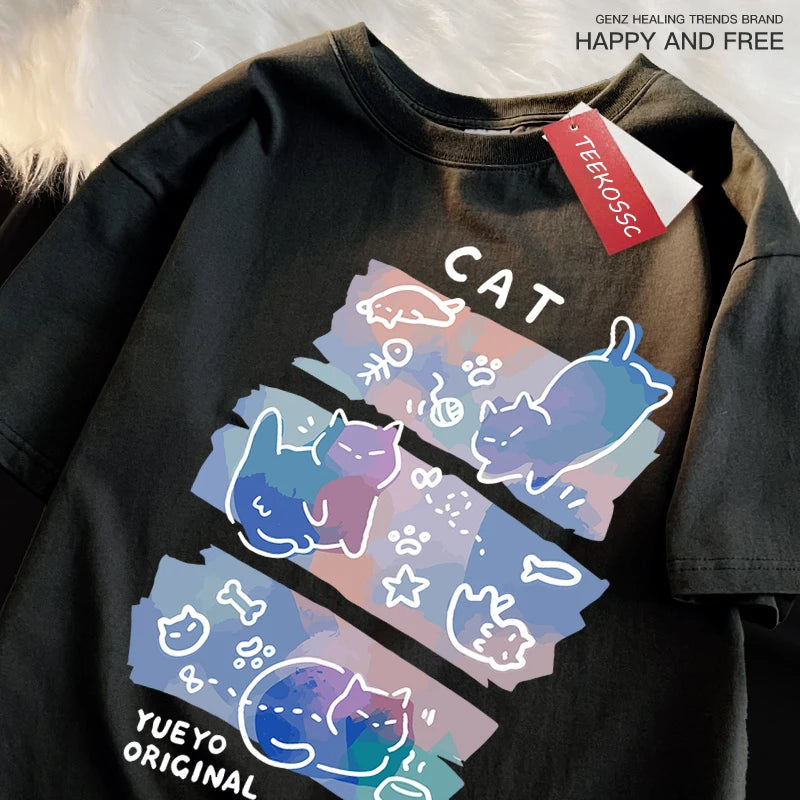 Fun Mischievous Cat Print Japanese Style T-Shirts Men Women Fashion Tshirs Breathable Summer T-Shirts Cotton Loose Tee Clothes