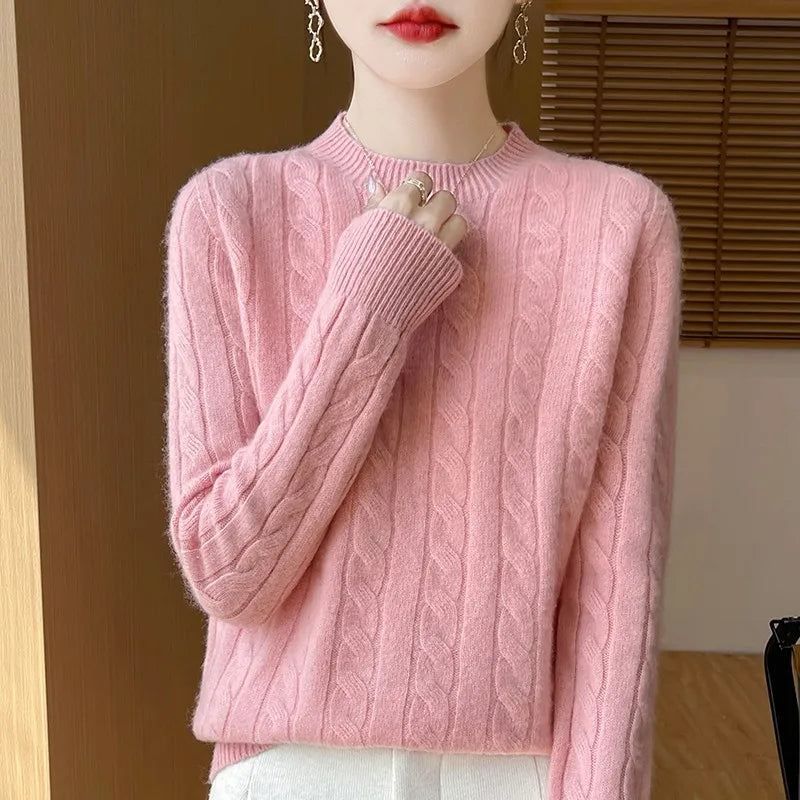 Women's Autumn And Winter 100% Merino Wool Knitted Sweater First-line Ready To Wear Fashion Round Neck Sweater Warm Casual Top