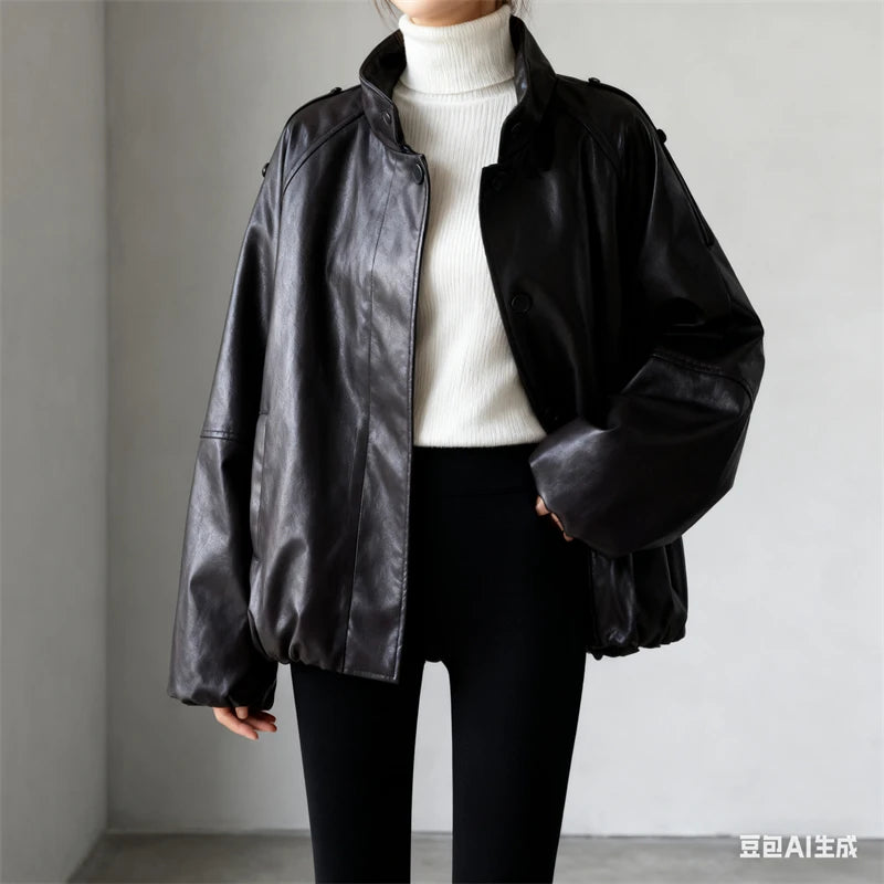"Women's Black Faux Leather Bomber Jacket, Oversized Stand Collar PU Leather Coat, Edgy Casual Outerwear for Autumn/Winter