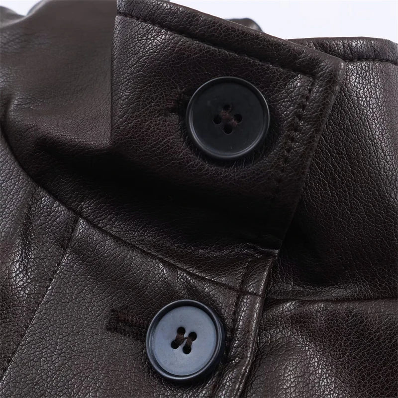 "Women's Black Faux Leather Bomber Jacket, Oversized Stand Collar PU Leather Coat, Edgy Casual Outerwear for Autumn/Winter