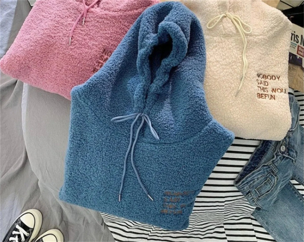 Autumn Winter Fashion Hooded Sweatshirt Women Korean Loose Solid Letter Tops Long Sleeve Warm Outfit Hoodie Lady Casual Street