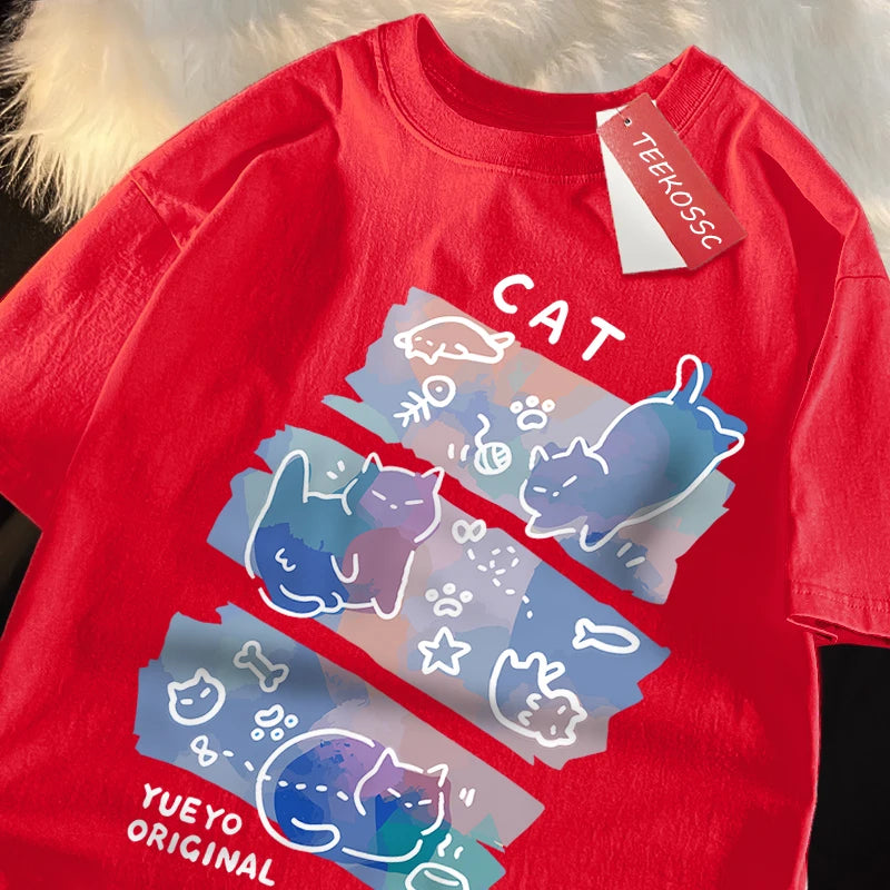Fun Mischievous Cat Print Japanese Style T-Shirts Men Women Fashion Tshirs Breathable Summer T-Shirts Cotton Loose Tee Clothes