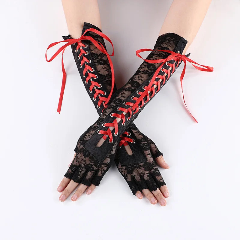 Women Sexy Floral Lace Elbow Length Half-Finger Gloves Black String Ribbon Ties Up Dance Party Fingerless Fishnet Mesh Mittens