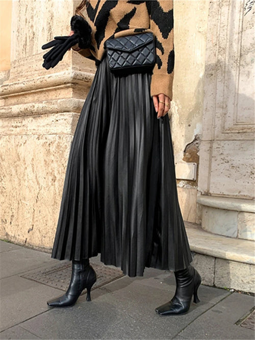 Black PU-leather Pleated Skirt New Women High Waist Fashionable All-match A-Line mi-long Skirt Female