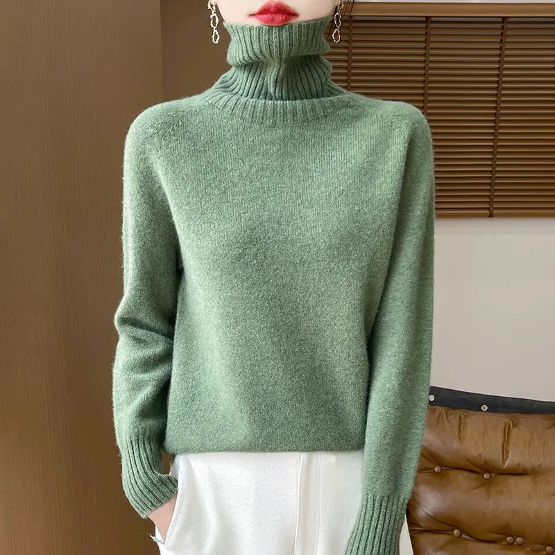 2025 New Autumn/Winter 100% Merino Wool Hoodie Solid Color Long Sleeve High Collar Warm Top Women's 19 Color Sweater WQ708