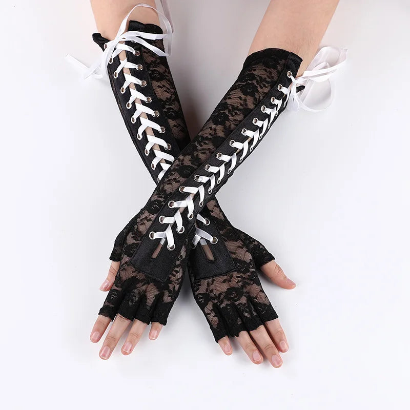 Women Sexy Floral Lace Elbow Length Half-Finger Gloves Black String Ribbon Ties Up Dance Party Fingerless Fishnet Mesh Mittens