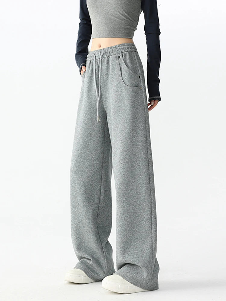 Women's High-Waisted Wide-Leg Sweatpants Spring Autumn Casual Loose Pants with Two Pockets Daily Versatile