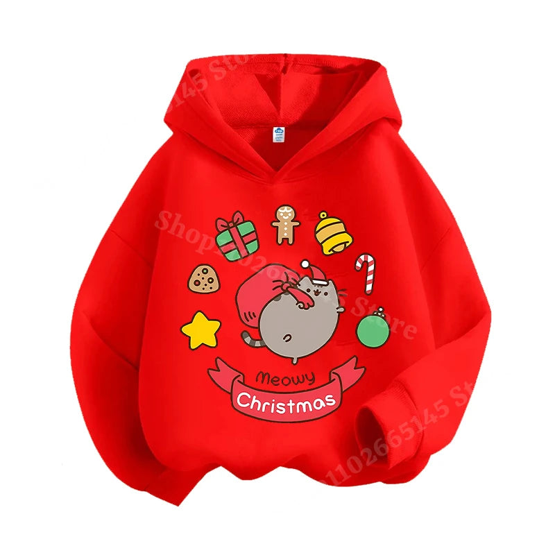 Autumn and winter children's Christmas hoodie sweatshirt cartoon cute cat pullover girls and boys warm clothes Christmas clothin