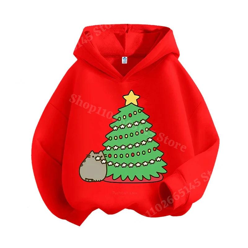 Autumn and winter children's Christmas hoodie sweatshirt cartoon cute cat pullover girls and boys warm clothes Christmas clothin