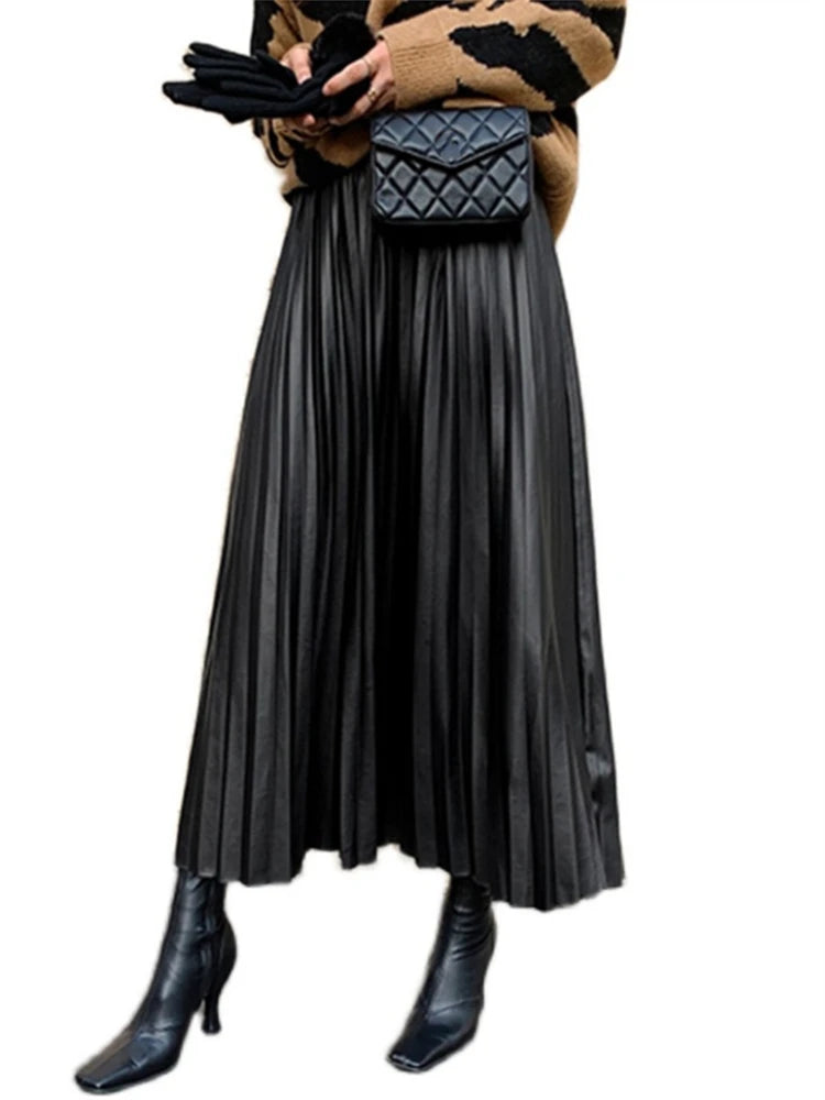 Black PU-leather Pleated Skirt New Women High Waist Fashionable All-match A-Line mi-long Skirt Female