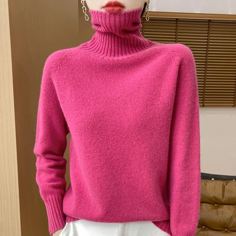 2025 New Autumn/Winter 100% Merino Wool Hoodie Solid Color Long Sleeve High Collar Warm Top Women's 19 Color Sweater WQ708