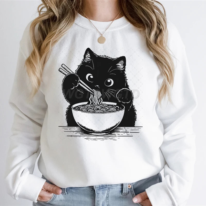 Cat Lover Kawaii Cartoon Sweatshirt Cat Eating Ramen Print Women Fashion Casual Hoodies Japanese Noodle Cats Retro Women Sweater