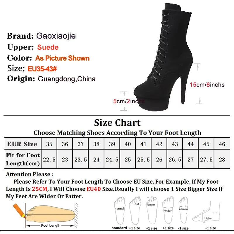 2025 New Suede Women  Ankle Boots 15cm 6Inches High Heels Platform Boots Female Zip Lace-Up Stiletto Performance Model Boots