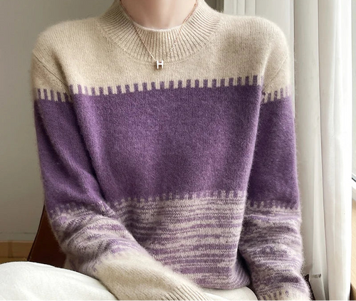 100% Merino Wool Round Neck Color Contrast Striped Jumper Autumn/Winter Thick Warm Long Sleeve Sweater Soft Short Top