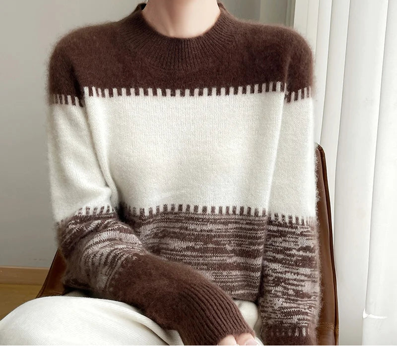 100% Merino Wool Round Neck Color Contrast Striped Jumper Autumn/Winter Thick Warm Long Sleeve Sweater Soft Short Top