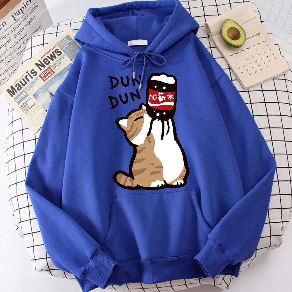 Cartoon Cat Drink Salary Increase Beverages Mens Hooded Jacket Casual Cartoon Hoodies Pleasure Sweatshirts Home Harajuku Tops