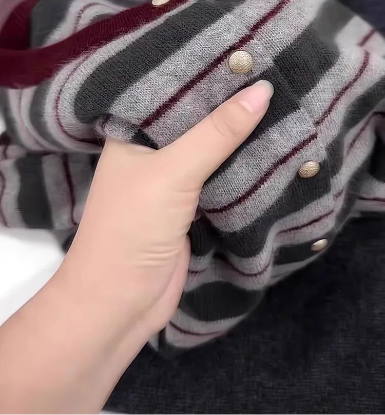 European goods striped cashmere cardigan women spring and autumn new round neck soft waxy senior sense wool knit sweater coat