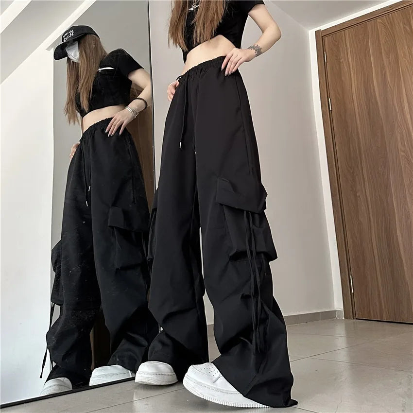 Women Y2K Cargo Pants High Waist Streetwear Hip Hop Trousers Female Big Pockets Casual Low Waist Drawstring Baggy Sweatpants