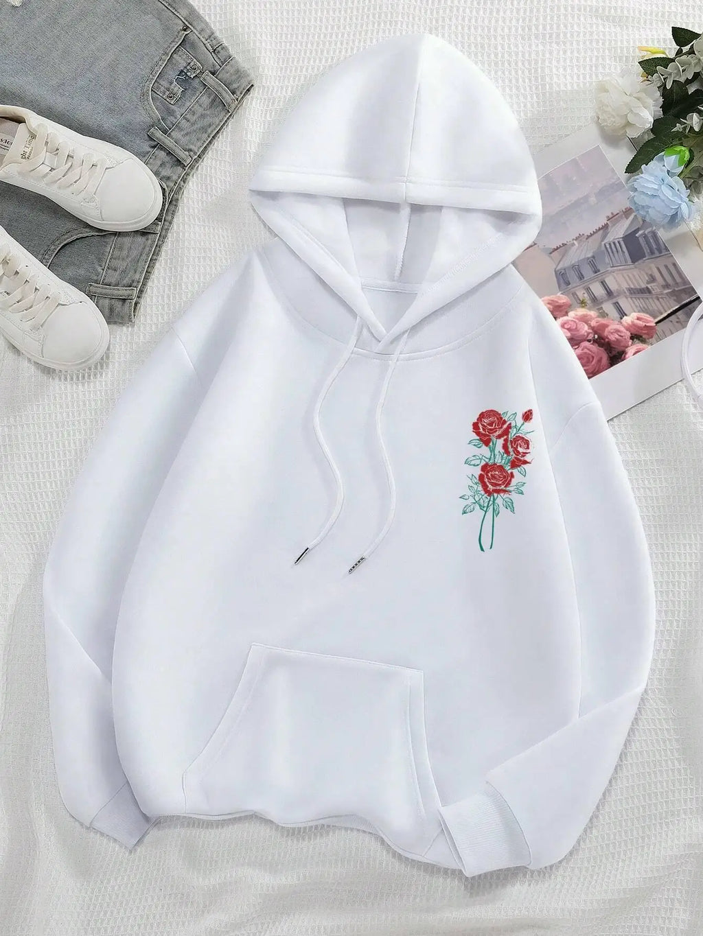 Fashion Women Hoodies Vintage Letters & Flowers Printed Sweatshirts Spring Crewneck Pullover Loose Fleece Female Tops Clothes