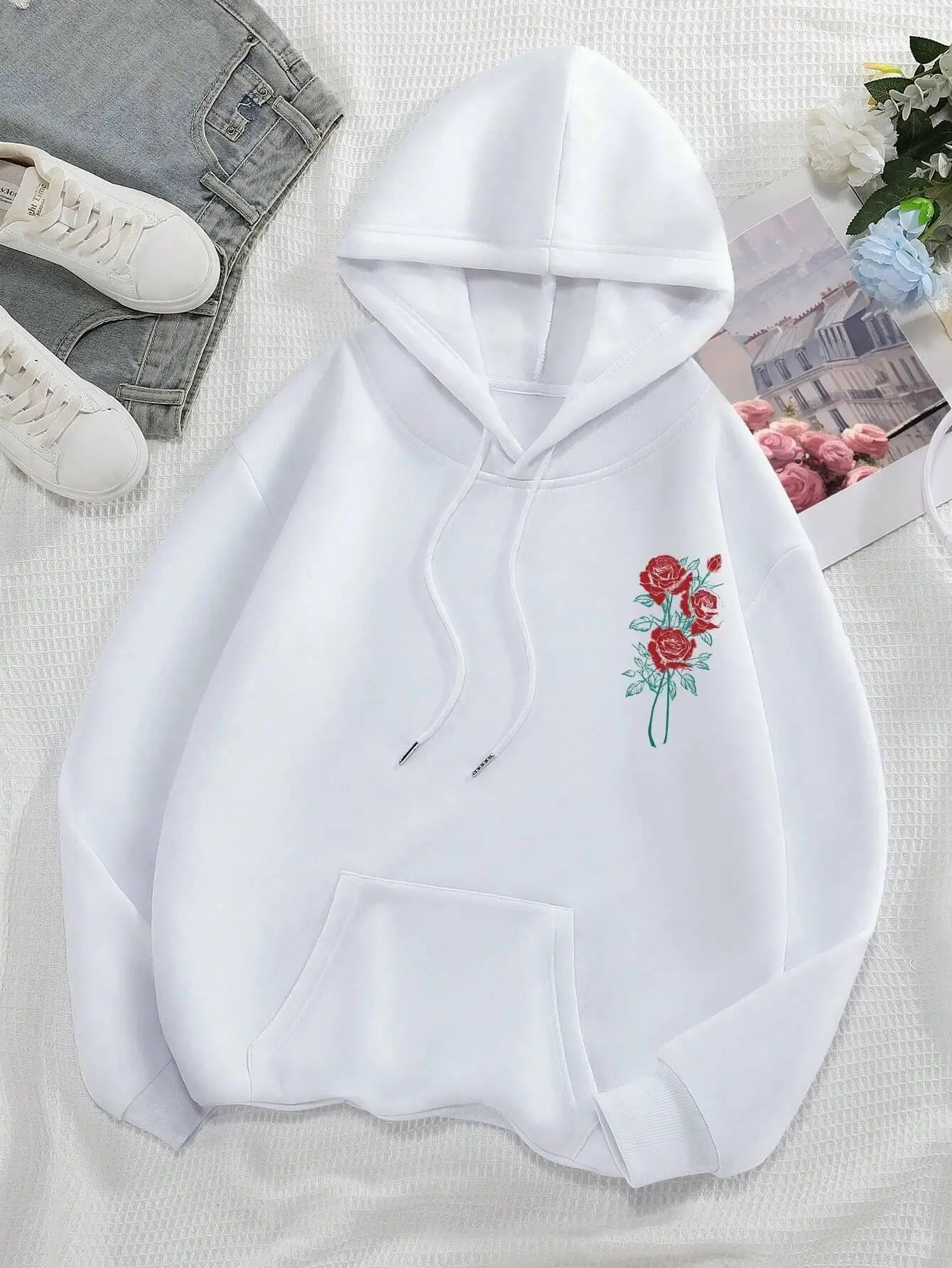 Fashion Women Hoodies Vintage Letters & Flowers Printed Sweatshirts Spring Crewneck Pullover Loose Fleece Female Tops Clothes