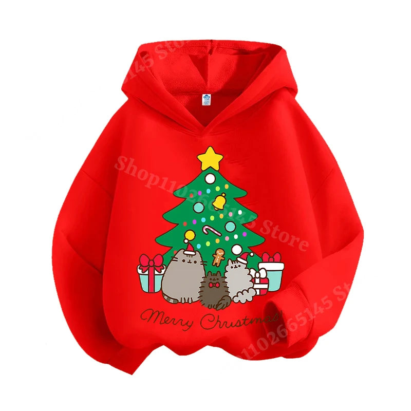 Autumn and winter children's Christmas hoodie sweatshirt cartoon cute cat pullover girls and boys warm clothes Christmas clothin