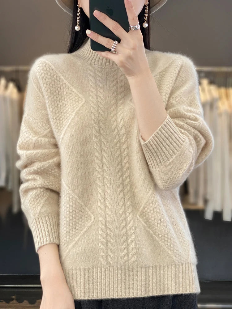 Autumn Winter Women 100% Merino Wool Sweater Striped Twisted Knitted Pullover Casual Loose Long Sleeve Cashmere Clothing Tops