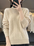 Autumn Winter Women 100% Merino Wool Sweater Striped Twisted Knitted Pullover Casual Loose Long Sleeve Cashmere Clothing Tops