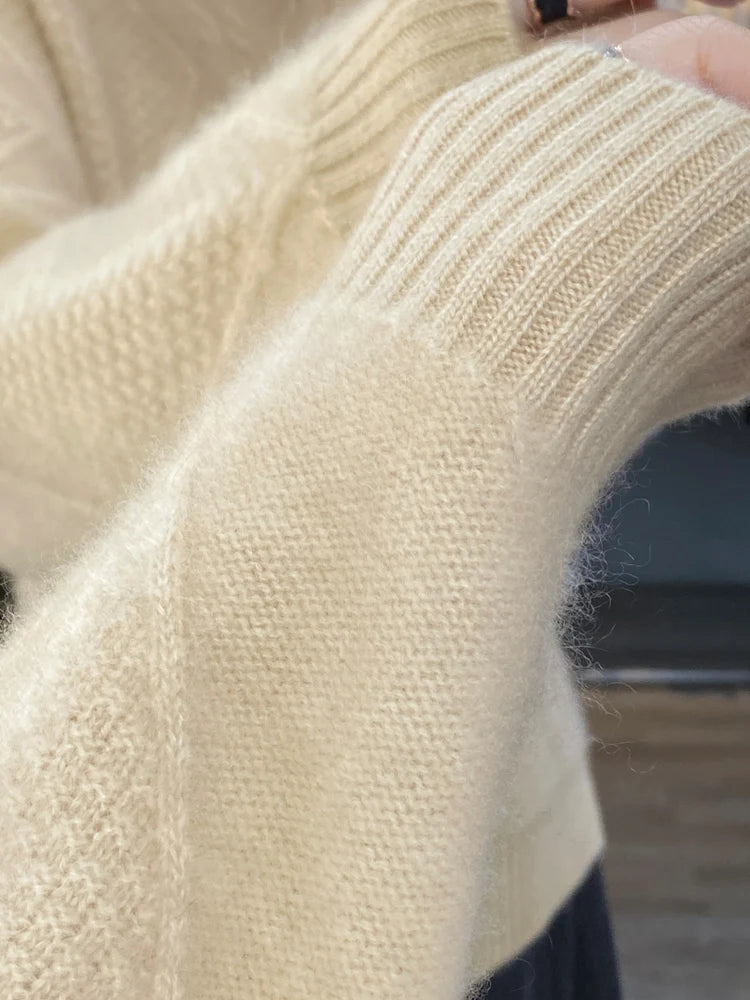 Autumn Winter Women 100% Merino Wool Sweater Striped Twisted Knitted Pullover Casual Loose Long Sleeve Cashmere Clothing Tops