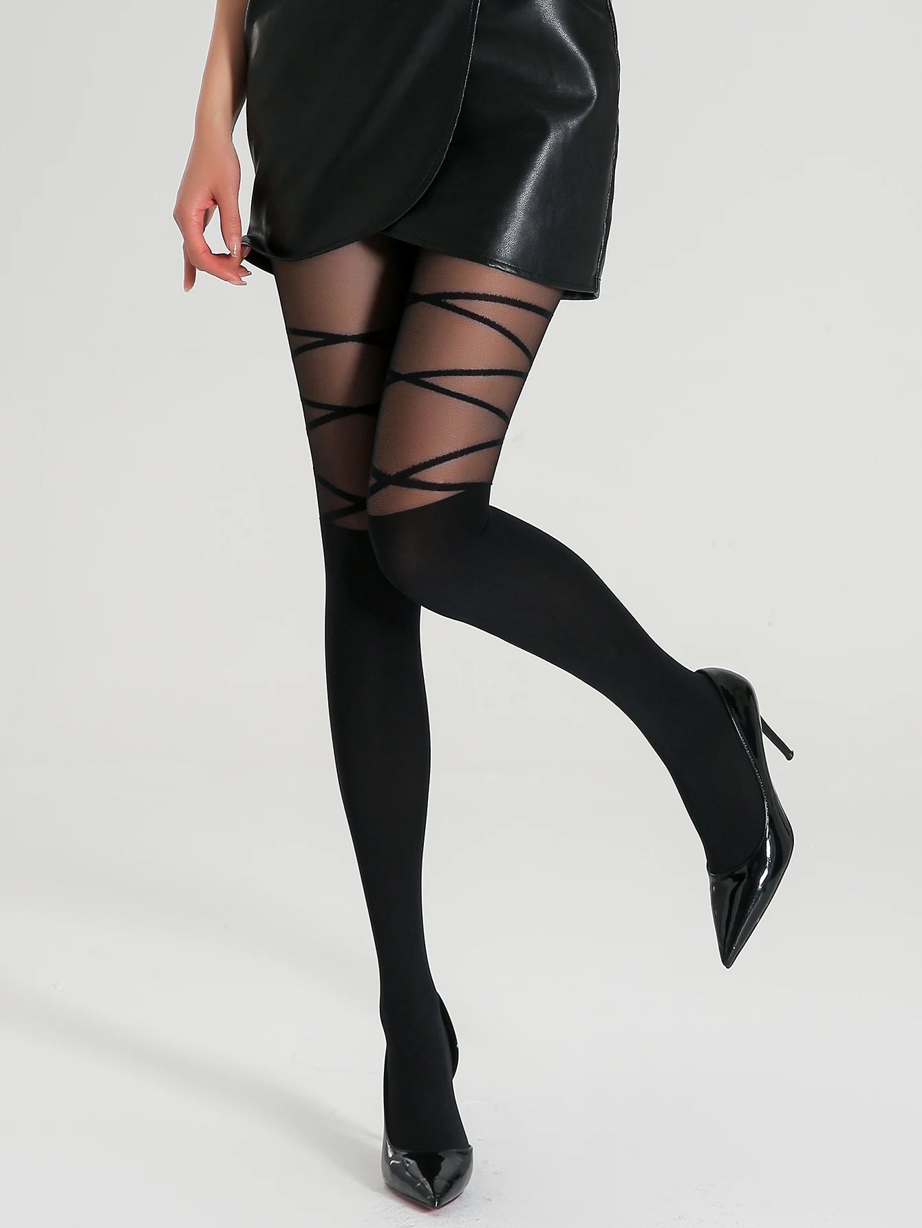 A pair of women's stylish striped pantyhose with thigh-strap high elastic translucent tights