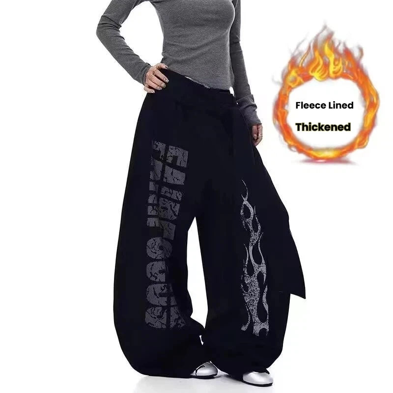 American-style straight-leg sweatpants with velvet, fashionable design, letter mopping pants, high-waist drapey wide-leg pants