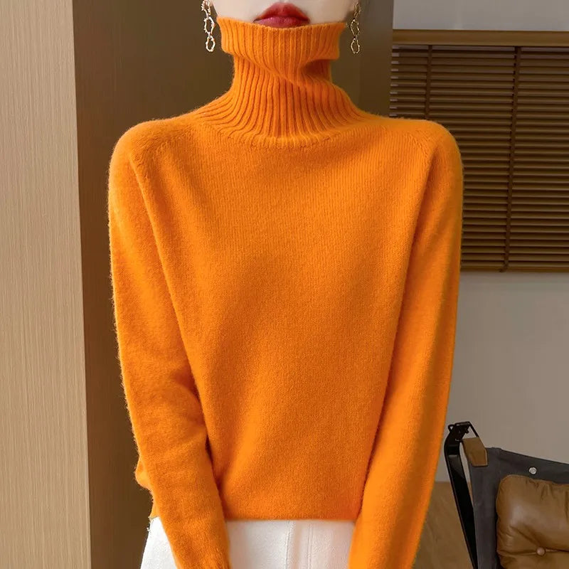 2025 New Autumn/Winter 100% Merino Wool Hoodie Solid Color Long Sleeve High Collar Warm Top Women's 19 Color Sweater WQ708