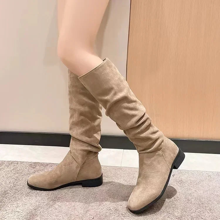Winter suede women's fashion boots - stylish pleated round-toe long boots - elegant low-heeled plus-size fitted boots for women
