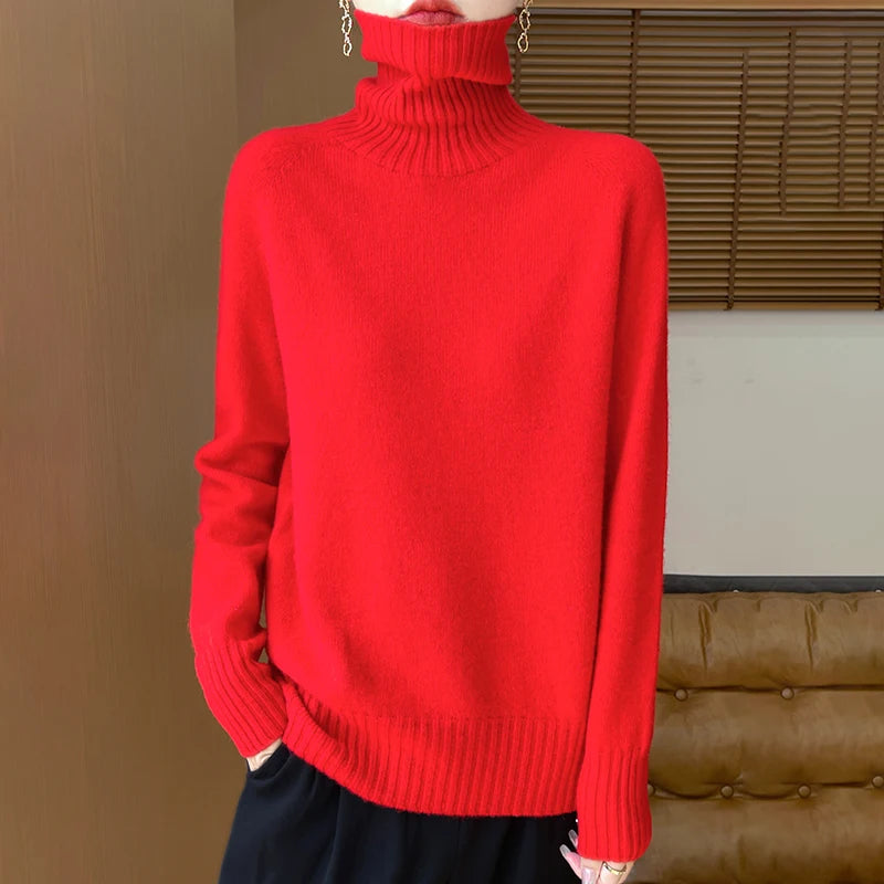 2025 New Autumn/Winter 100% Merino Wool Hoodie Solid Color Long Sleeve High Collar Warm Top Women's 19 Color Sweater WQ708