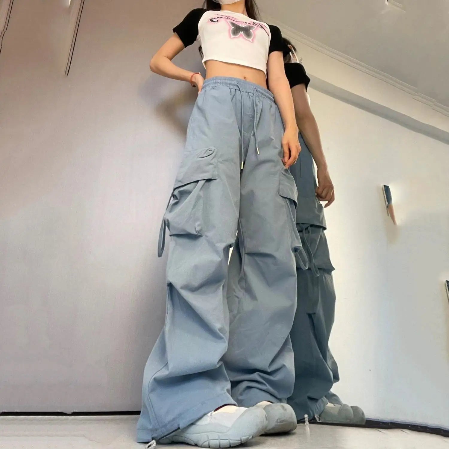 Women Y2K Cargo Pants High Waist Streetwear Hip Hop Trousers Female Big Pockets Casual Low Waist Drawstring Baggy Sweatpants