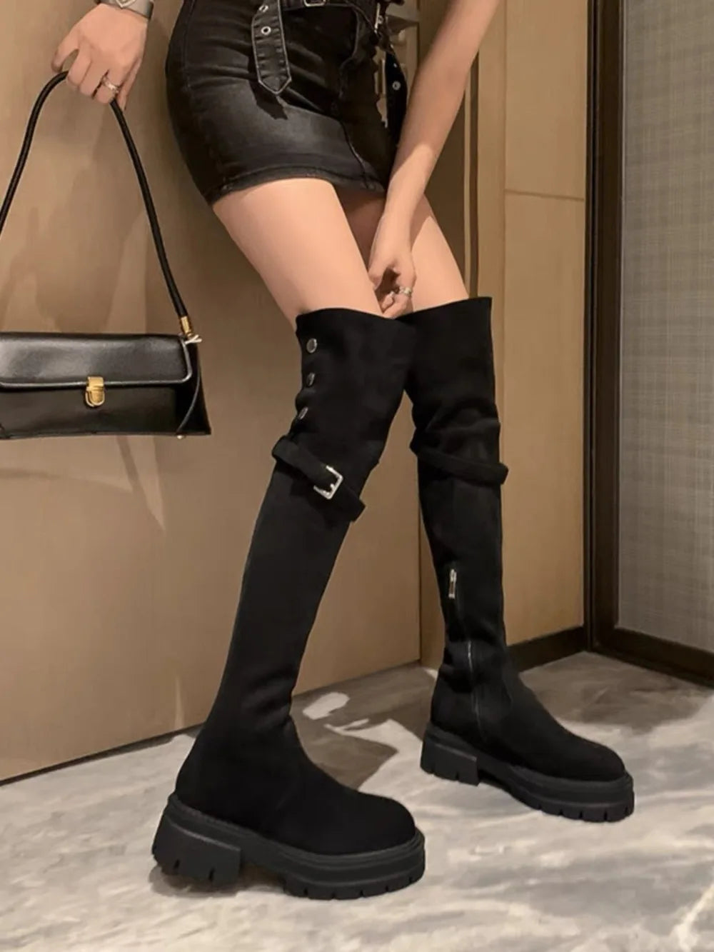 2025 Women's Wide Calf Over The Knee Boots Stretch Riding Boots Flat Foldable Two-Way Wear Suede Long Boots for Thick Thighs