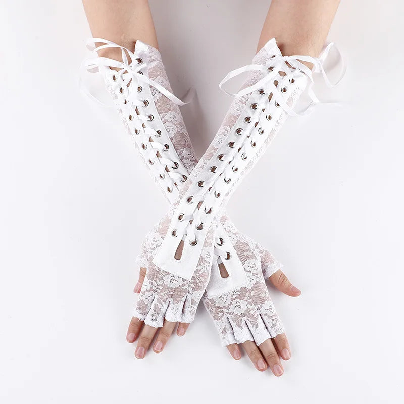Women Sexy Floral Lace Elbow Length Half-Finger Gloves Black String Ribbon Ties Up Dance Party Fingerless Fishnet Mesh Mittens